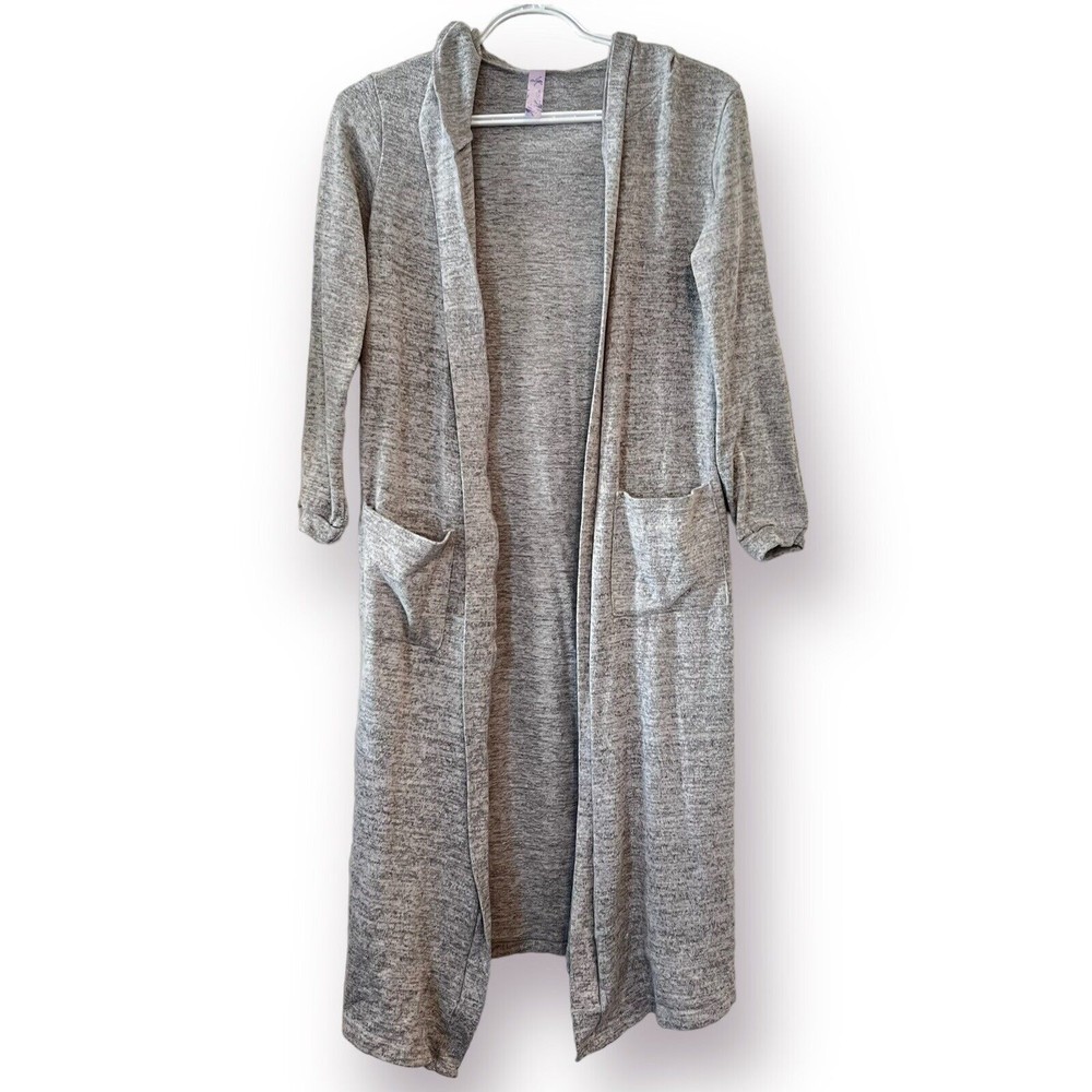 Alya Gray Long Line Duster Open Front Cardigan Hooded Pockets 3/4 Sleeves Small